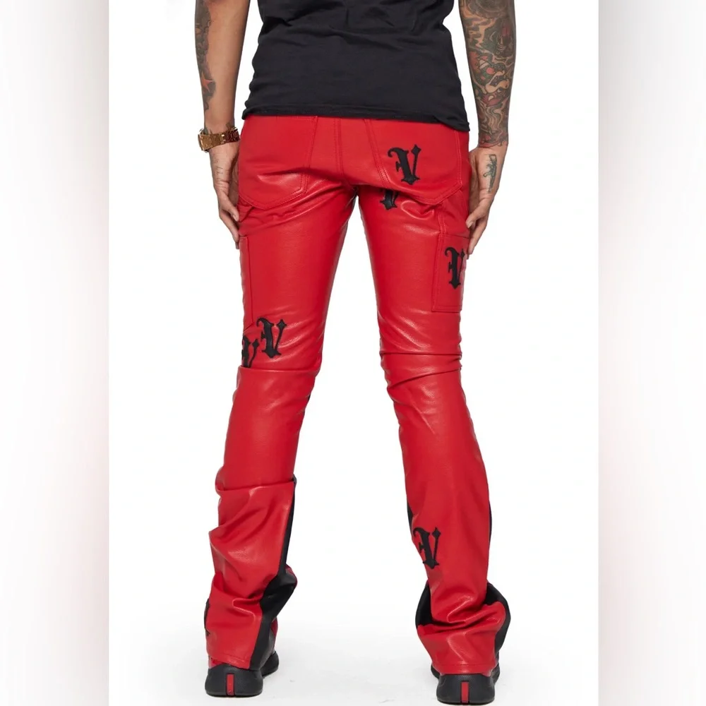 NWT MEN’S VALABASAS STACKED "ALI" RED BLACK LEATHER PANTS SIZE 30 - Picture 4 of 13
